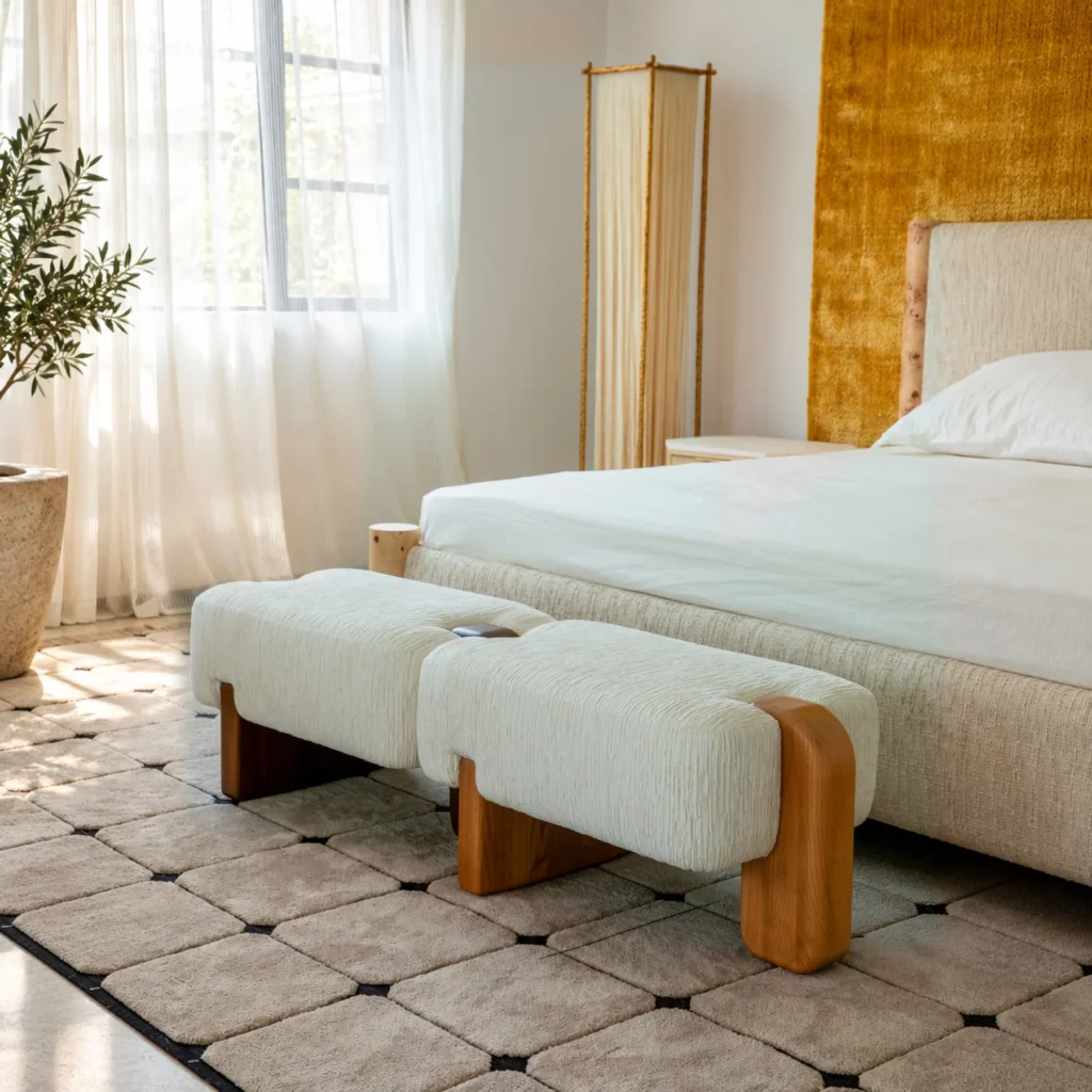 Lotus Root Modular Bench in Cream Chenille, 150 cm — front view