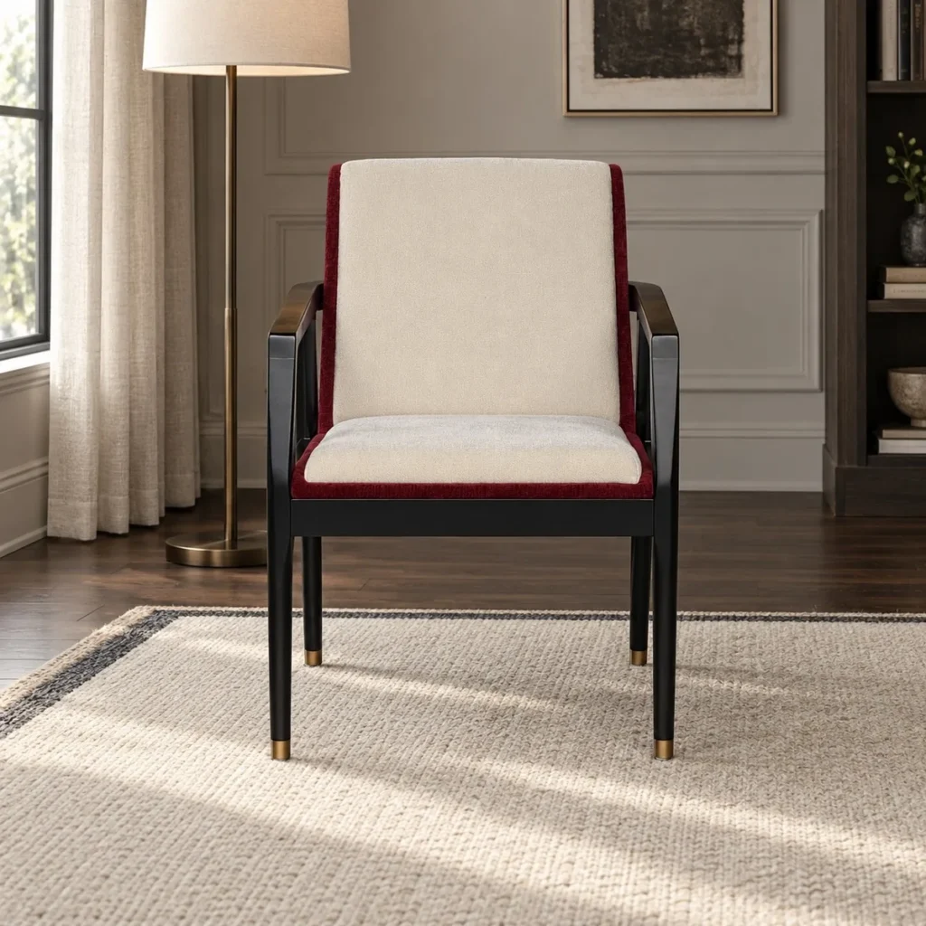 Black Wood Frame Armchair in Cream and Burgundy Fabric — front view