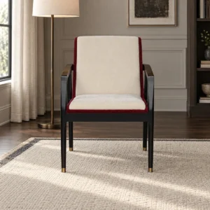 Black Wood Frame Armchair in Cream and Burgundy Fabric — front view