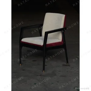 Black Wood Frame Armchair in Cream and Burgundy Fabric — in a room setting