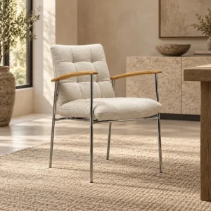 Brook Grid-Quilted Bouclé Armchair in oatmeal — in a room setting