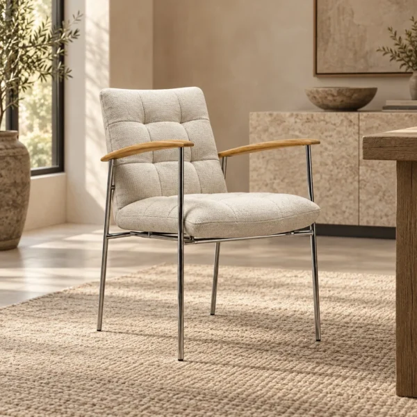 Brook Grid-Quilted Bouclé Armchair in oatmeal — in a room setting