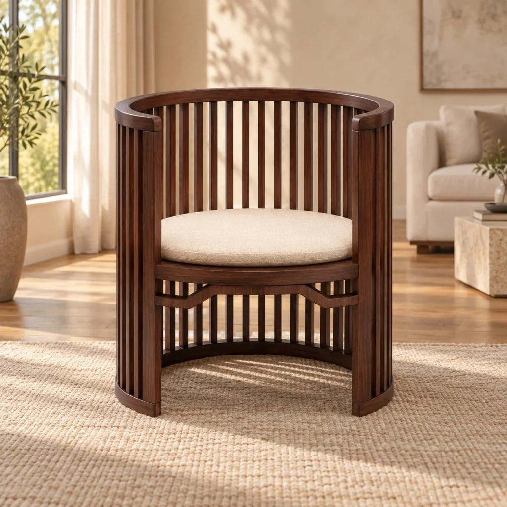 Walnut Slatted Barrel Lounge Chair with Cream Seat Cushion in walnut — front view