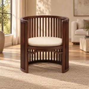 Walnut Slatted Barrel Lounge Chair with Cream Seat Cushion in walnut — front view