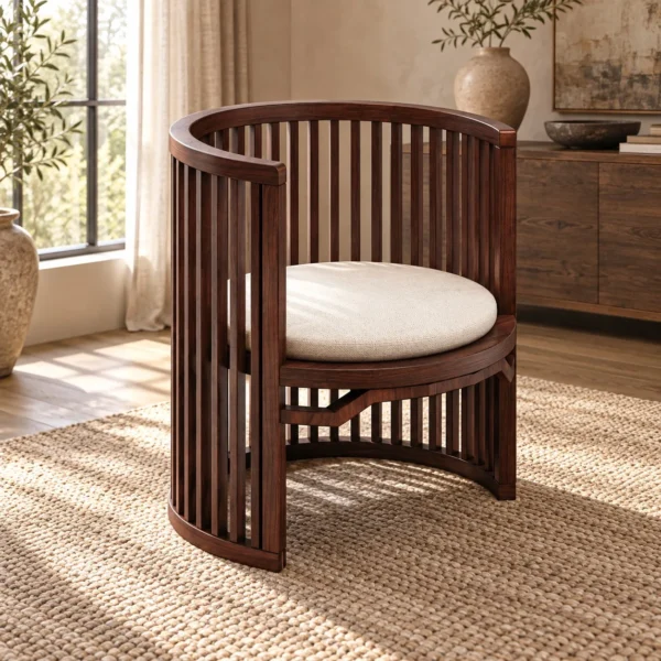 Walnut Slatted Barrel Lounge Chair with Cream Seat Cushion in walnut — in a room setting