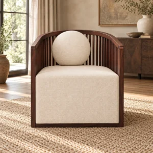 Walnut Slat-Back Tub Chair with Round Cushion and Cream Seat in walnut — front view
