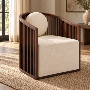 Walnut Slat-Back Tub Chair with Round Cushion and Cream Seat in walnut — in a room setting