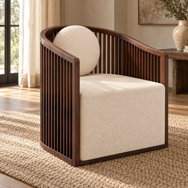 Walnut Slat-Back Tub Chair with Round Cushion and Cream Seat in walnut — in a room setting