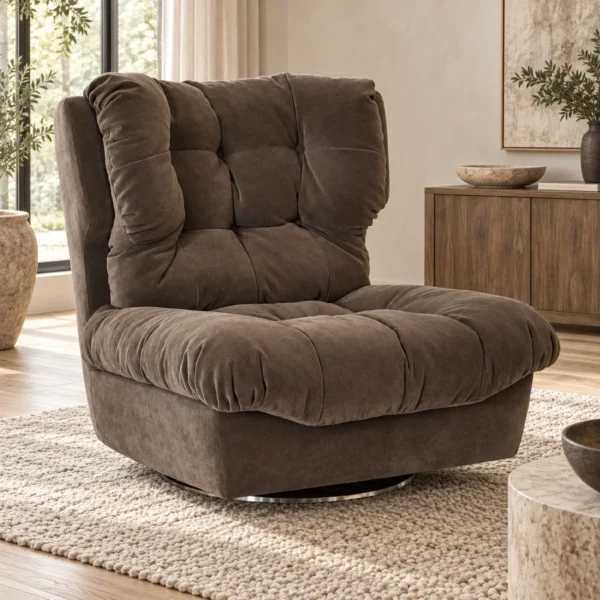 Tufted Brown Suede Swivel Lounge Chair, 87 cm in clay — in a room setting