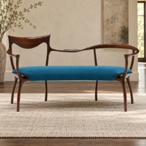 Sculpted Solid Wood Settee with Blue Fabric Seat, 165 cm in walnut — front view