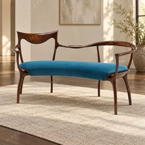 Sculpted Solid Wood Settee with Blue Fabric Seat, 165 cm in walnut — in a room setting
