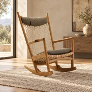 Oak Rope-Woven Rocking Chair with Grey Cushion, 76 cm in natural oak — front view