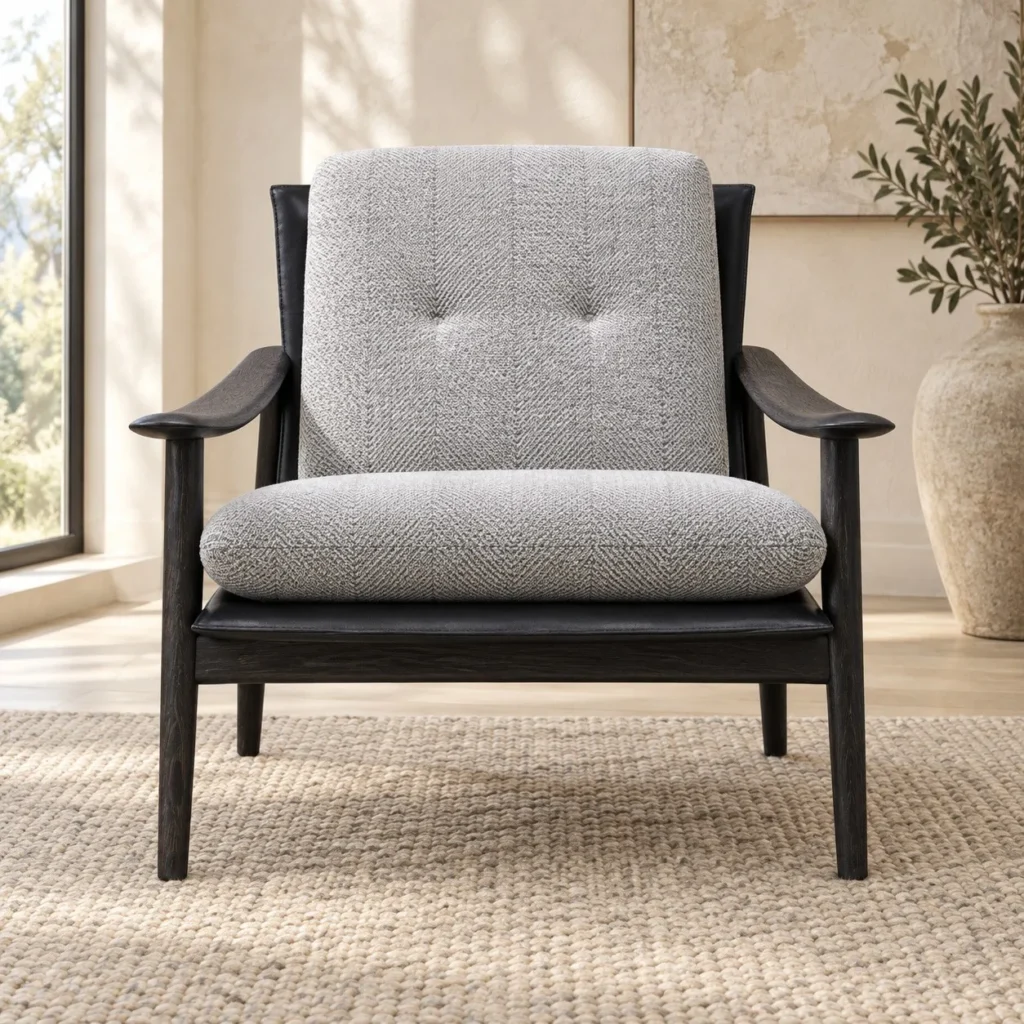 Black Wood Frame Lounge Chair in Grey Channel-Tufted Bouclé — front view