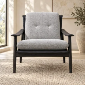 Black Wood Frame Lounge Chair in Grey Channel-Tufted Bouclé — front view