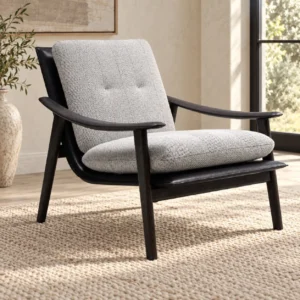 Black Wood Frame Lounge Chair in Grey Channel-Tufted Bouclé — in a room setting
