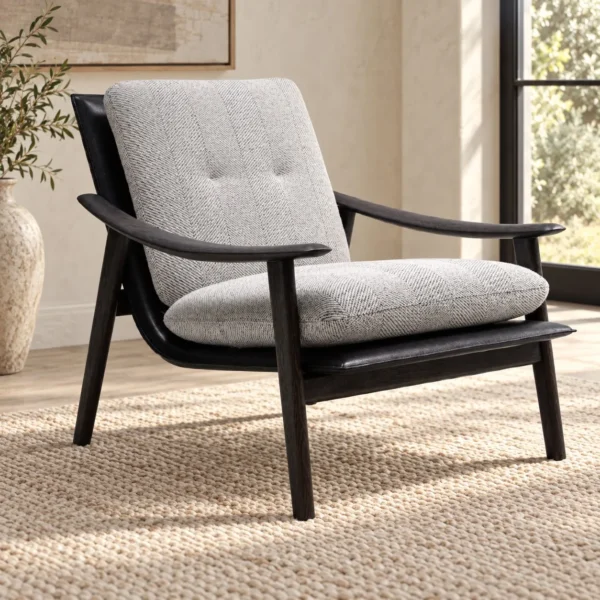 Black Wood Frame Lounge Chair in Grey Channel-Tufted Bouclé — in a room setting