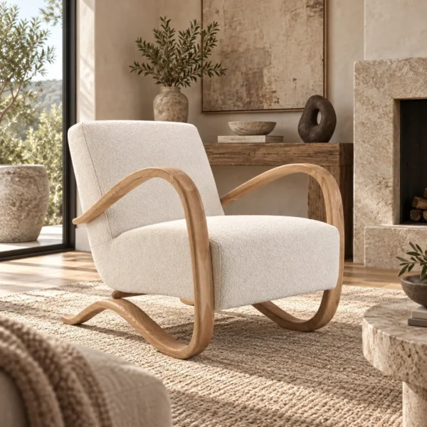 Bentwood Loop-Arm Lounge Chair in Cream Bouclé, 73 cm — in a room setting