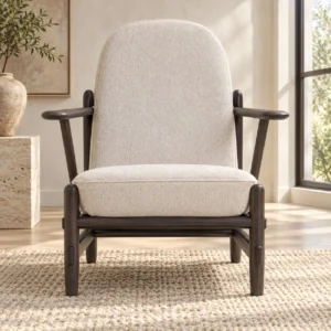 Dark Wood Spindle Lounge Chair in Cream Bouclé, 74 cm — front view