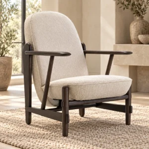 Dark Wood Spindle Lounge Chair in Cream Bouclé, 74 cm — in a room setting