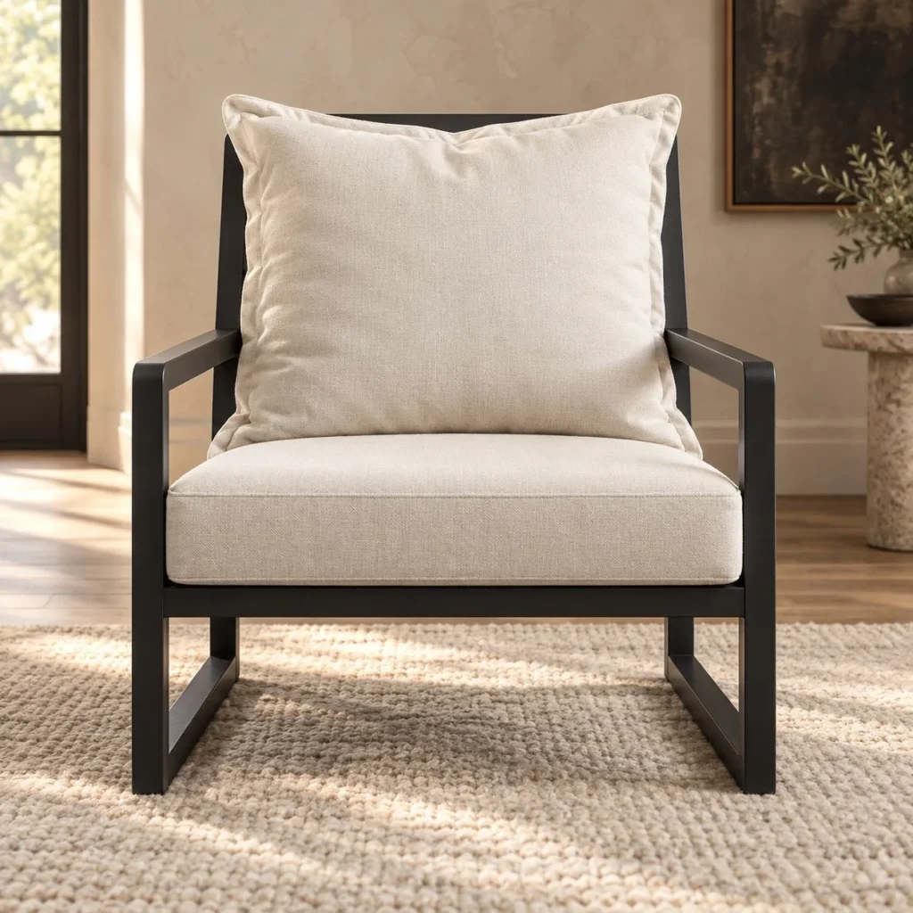 Black Wood Frame Lounge Chair with Cream Loose Cushions in black — front view