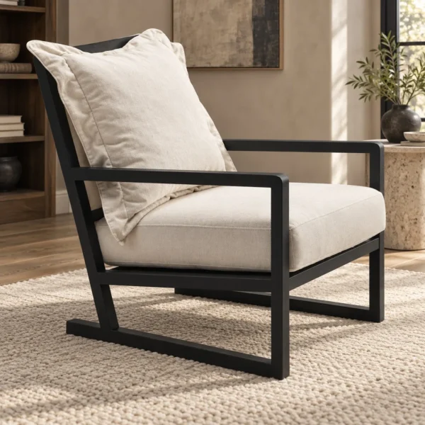 Black Wood Frame Lounge Chair with Cream Loose Cushions in black — in a room setting