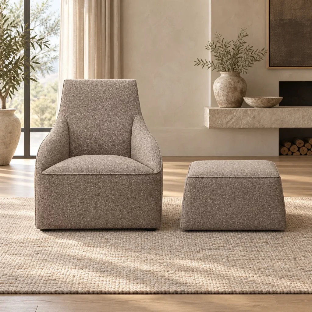 Taupe Fabric Wing Lounge Chair with Ottoman, 76 cm in sand — front view