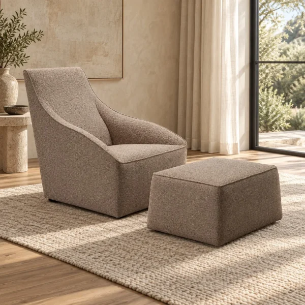 Taupe Fabric Wing Lounge Chair with Ottoman, 76 cm in sand — in a room setting