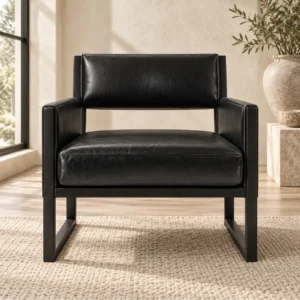 Black Leather Cube Lounge Chair on Sled Frame, 67 cm in black — front view