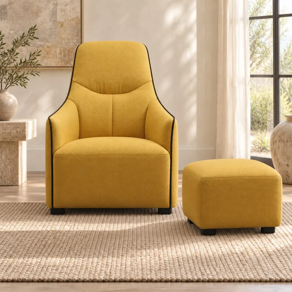 Mustard Yellow High-Back Lounge Chair with Ottoman, 69 cm in mustard — front view