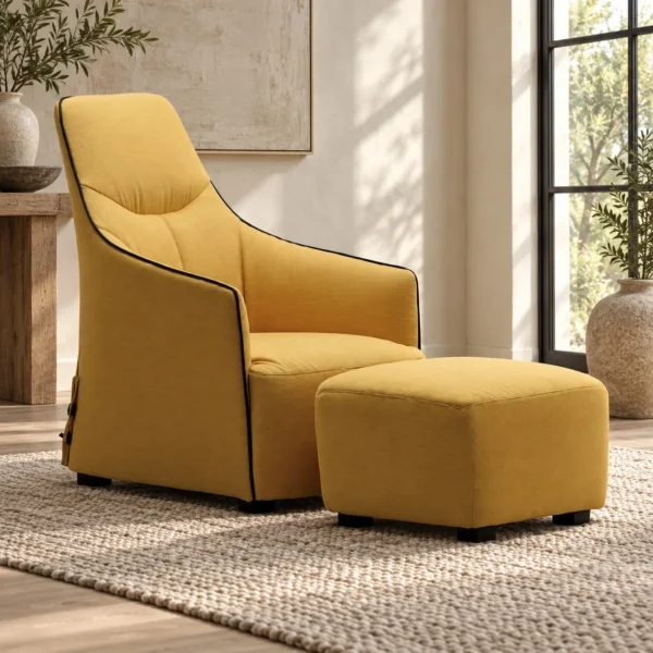 Mustard Yellow High-Back Lounge Chair with Ottoman, 69 cm in mustard — in a room setting
