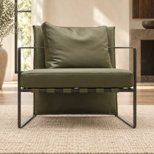 Olive Leather Lounge Chair on Thin Black Metal Frame, 66 cm in olive — front view
