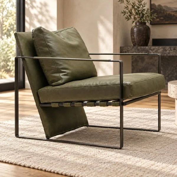 Olive Leather Lounge Chair on Thin Black Metal Frame, 66 cm in olive — in a room setting