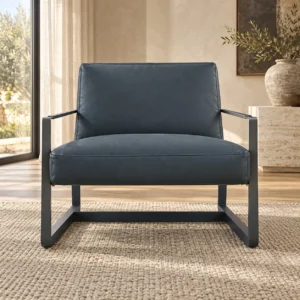Navy Leather Lounge Chair on Black Metal Sled Base, 70 cm in blue — front view