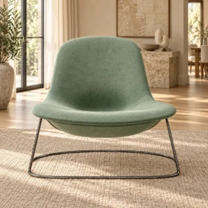 Sage Green Shell Lounge Chair on Black Wire Base, 82 cm in olive — front view