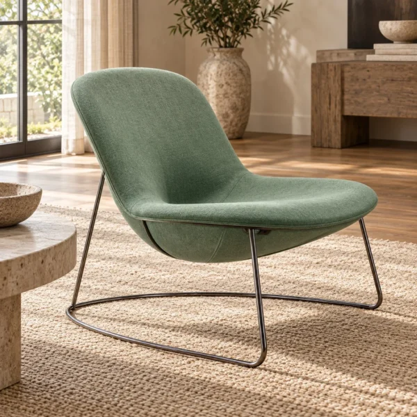 Sage Green Shell Lounge Chair on Black Wire Base, 82 cm in olive — in a room setting
