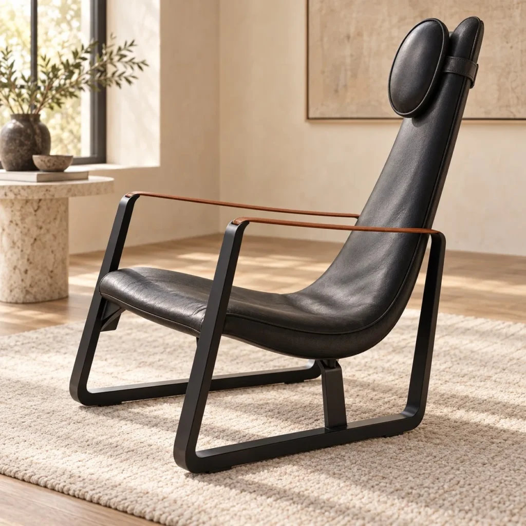 Black Leather Sling Lounge Chair in black — front view