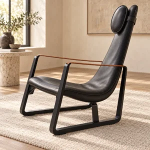 Black Leather Sling Lounge Chair in black — front view