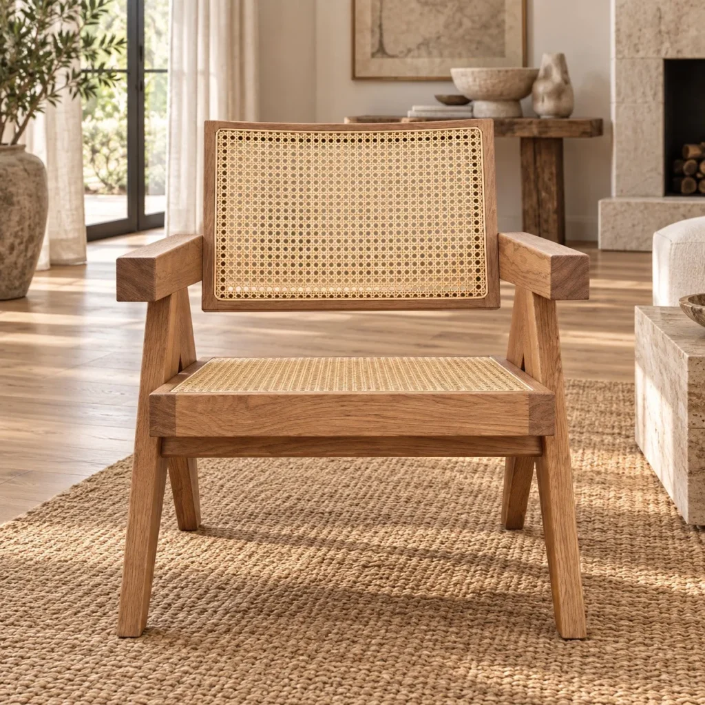 Solid Wood Lounge Chair with Natural Cane Seat and Back in natural oak — front view