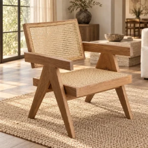 Solid Wood Lounge Chair with Natural Cane Seat and Back in natural oak — in a room setting