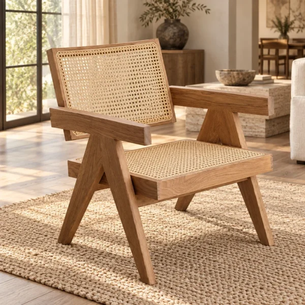 Solid Wood Lounge Chair with Natural Cane Seat and Back in natural oak — in a room setting