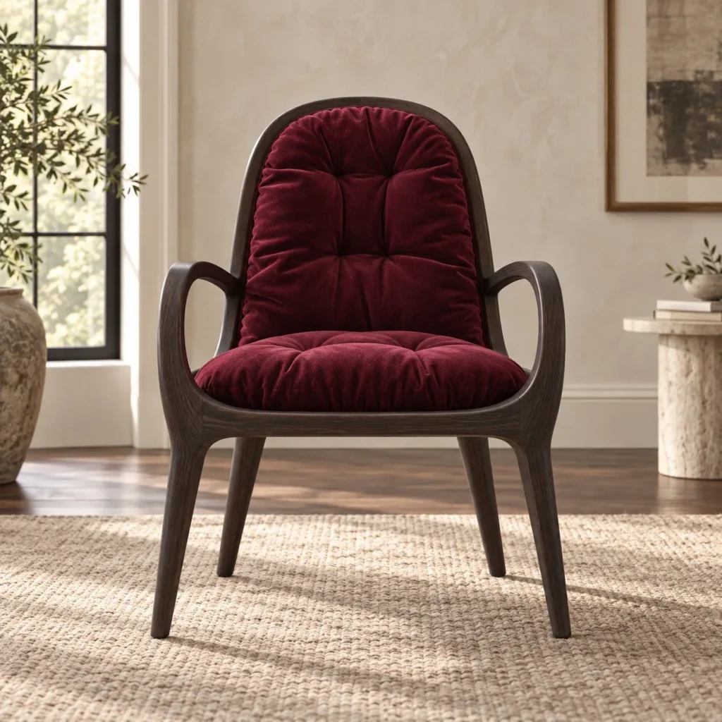 Luna Bent Wood Lounge Chair with Burgundy Velvet Cushion in walnut — front view