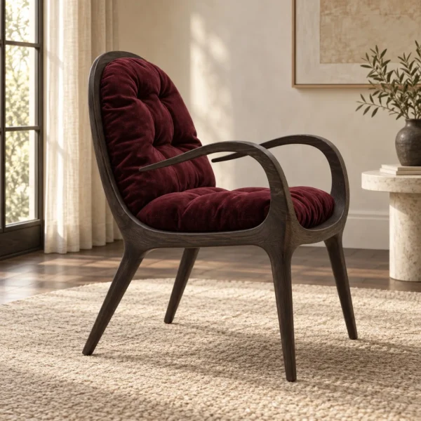 Luna Bent Wood Lounge Chair with Burgundy Velvet Cushion in walnut — in a room setting