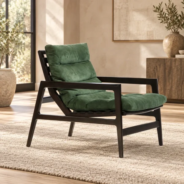 Black Wood Lounge Chair in Emerald Velvet, 81 cm — in a room setting
