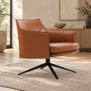 Tan Leather Swivel Lounge Chair on Black Star Base, 69 cm in clay — front view