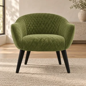 Green Quilted Velvet Tub Chair on Wood Legs, 78 cm in olive — front view