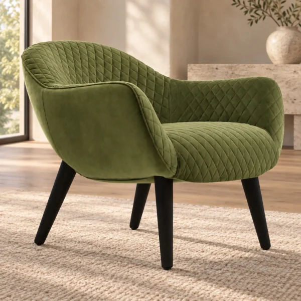 Green Quilted Velvet Tub Chair on Wood Legs, 78 cm in olive — in a room setting