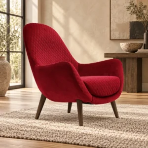Red Quilted Velvet High-Back Shell Armchair on Wood Legs in red — front view