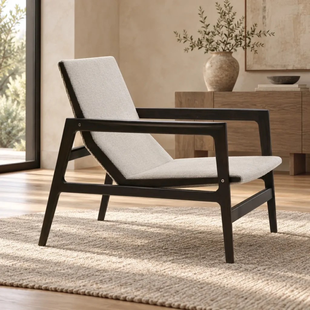 Black Wood Lounge Chair with Light Grey Sling Cushions in black — front view