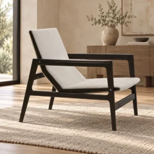 Black Wood Lounge Chair with Light Grey Sling Cushions in black — front view
