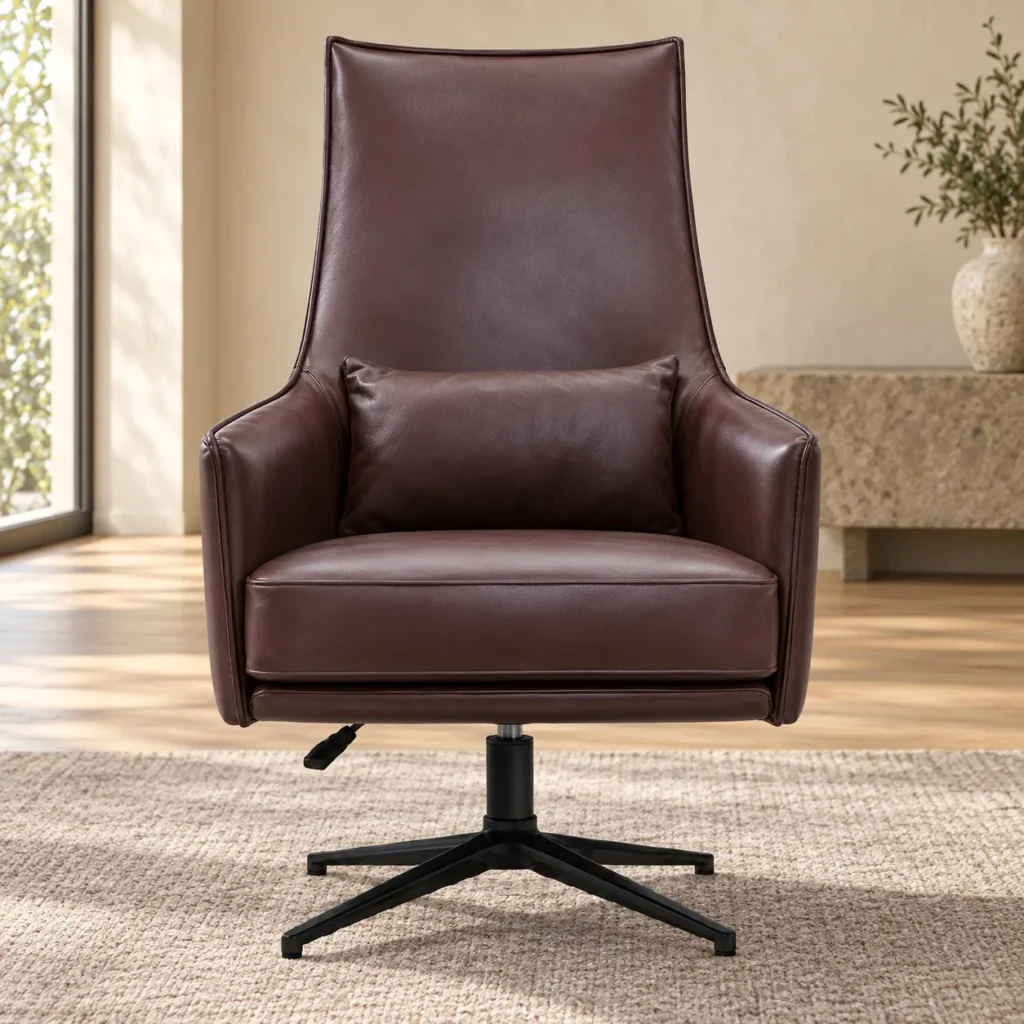 Burgundy Leather High-Back Swivel Lounge Chair, 70 cm in burgundy — front view